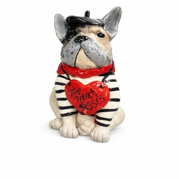 Ceramic French bulldog figurine with beret and red heart reading Free French Kisses