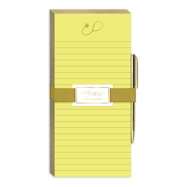 Yellow lined notepad with a pen and ribbon band