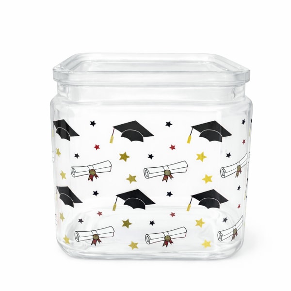 Clear square glass jar with graduation cap and diploma pattern