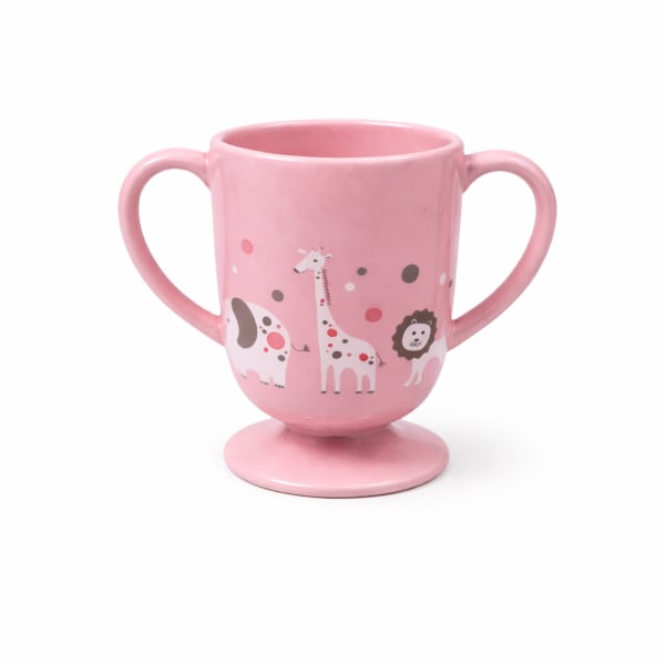 Pink handled cup with animal illustrations
