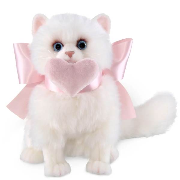 White plush cat with a pink ribbon and heart
