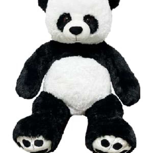 Black-and-white plush panda bear sitting upright