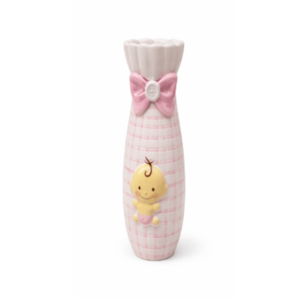 Pink plaid ceramic vase with a bow and baby figurine