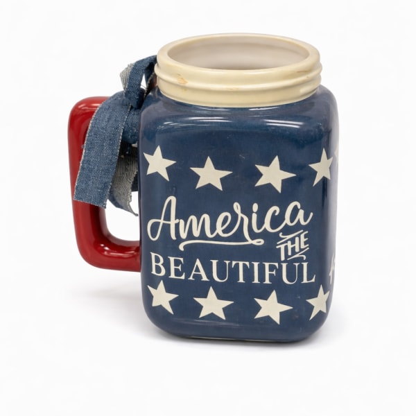 Patriotic ceramic mug with stars and the words America the Beautiful