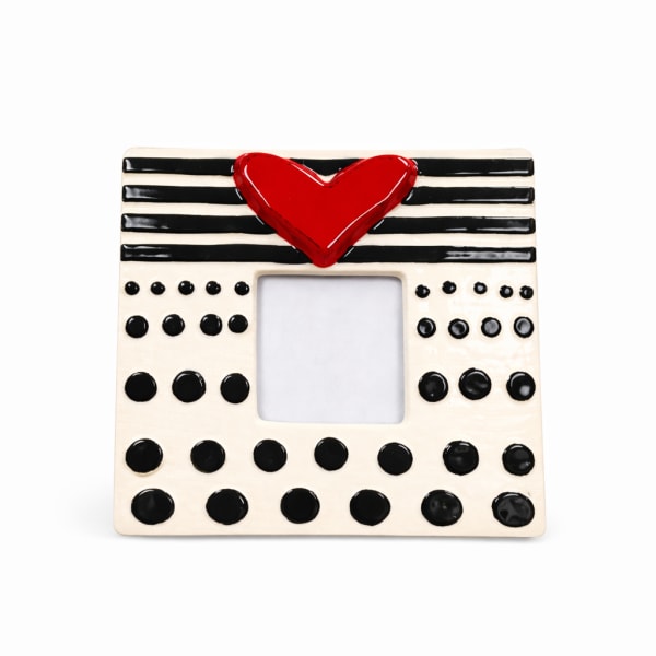 Decorative ceramic photo frame with a red heart and black stripes