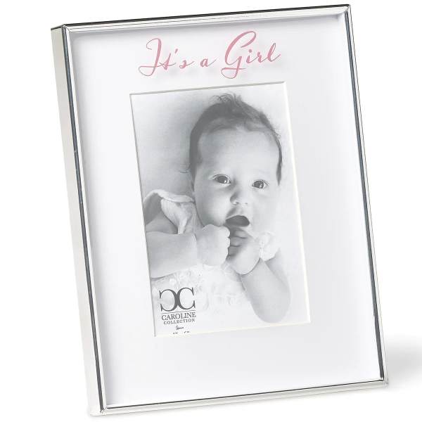 Silver photo frame with a baby picture and "It's a Girl" text