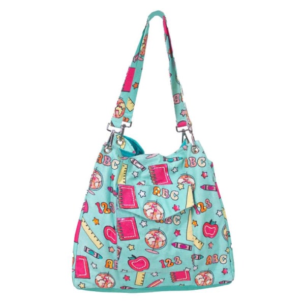Turquoise fabric shoulder bag with colorful school-themed print and long strap