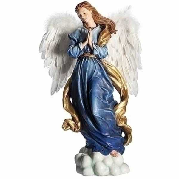 A painted angel figurine in a blue robe standing on clouds