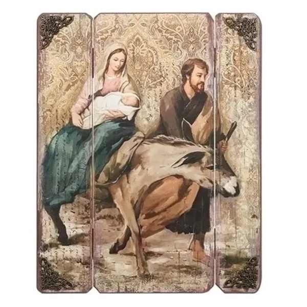 Decorative religious wall panel with a painted holy family scene