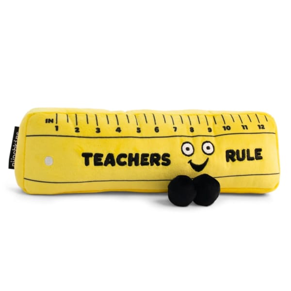 Yellow plush pencil case with "Teachers Rule" text and a smiling face