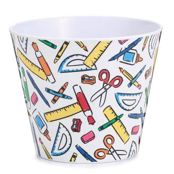 White cup with colorful school supply illustrations