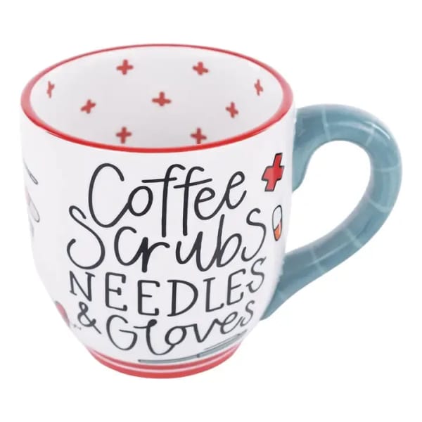 White ceramic mug with blue handle and medical-themed text reading Coffee Scrubs Needles & Gloves