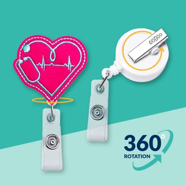 Two retractable badge reels with a heart design and 360 rotation text