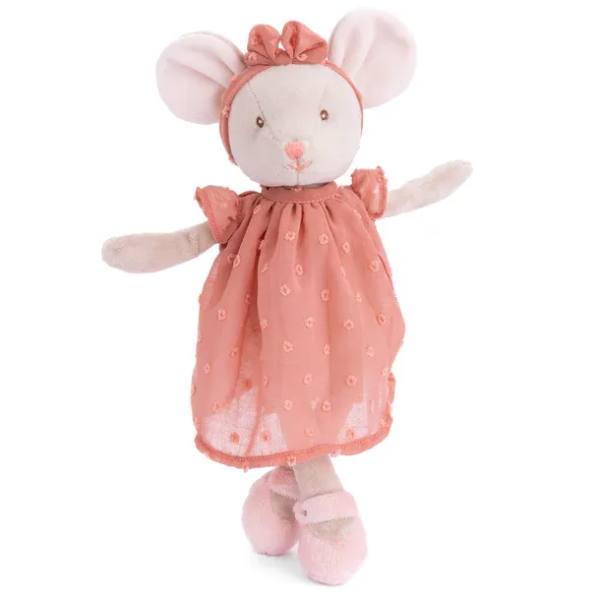 Pink stuffed mouse doll in a dress and shoes