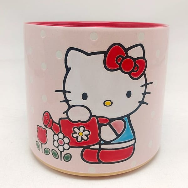 Pink Hello Kitty planter with polka dots and flower graphics