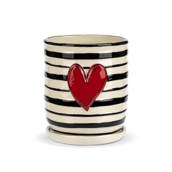 Black and white striped ceramic pot with a red heart and matching saucer
