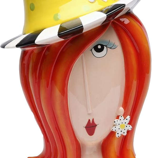 Decorative ceramic figurine of a red-haired woman in a yellow hat