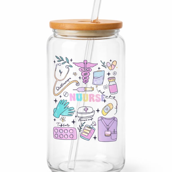Glass Can Cup with Lid and Straw- NURSE