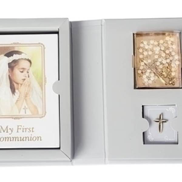 First Communion gift set with a prayer card and rosary in a presentation box