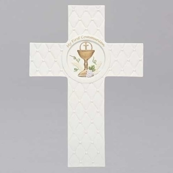 White quilted communion cross with a chalice emblem