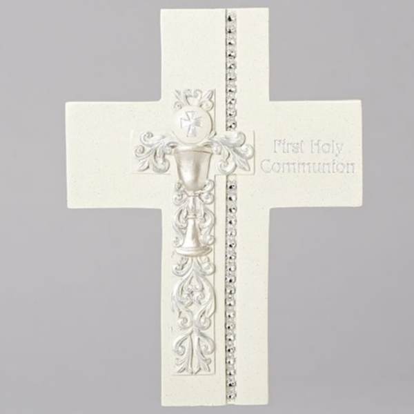 White First Holy Communion cross card with a chalice and rhinestone trim