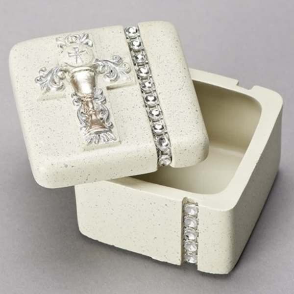 Decorative cream keepsake box with rhinestone accents and a silver cross lid