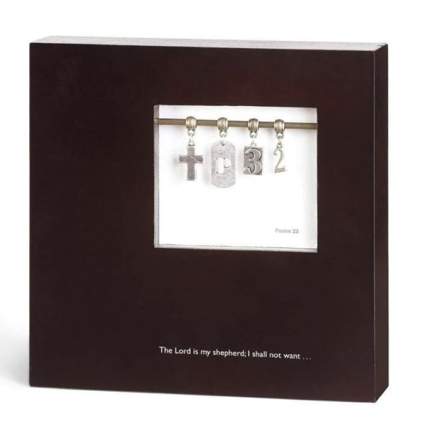 Brown framed wall plaque with Psalm 23 and hanging cross charms