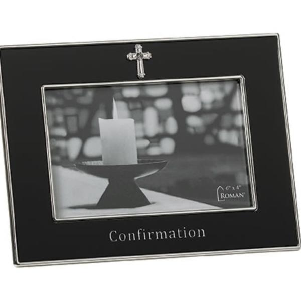Black confirmation photo frame with a small cross at the top