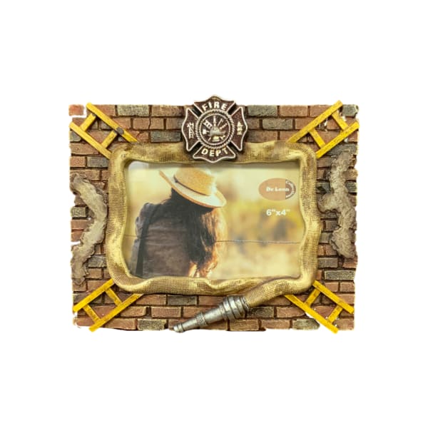 Decorative fire department photo frame with brick and hose details