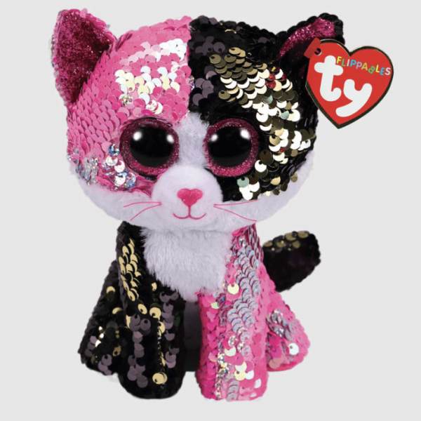 Sequined Ty Beanie Boo cat plush in pink, black, and white