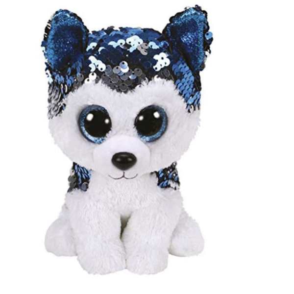 Small plush husky with blue sequined ears and head.
