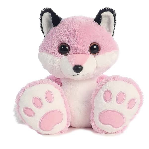 Pink fox plush toy with large paws and black-tipped ears