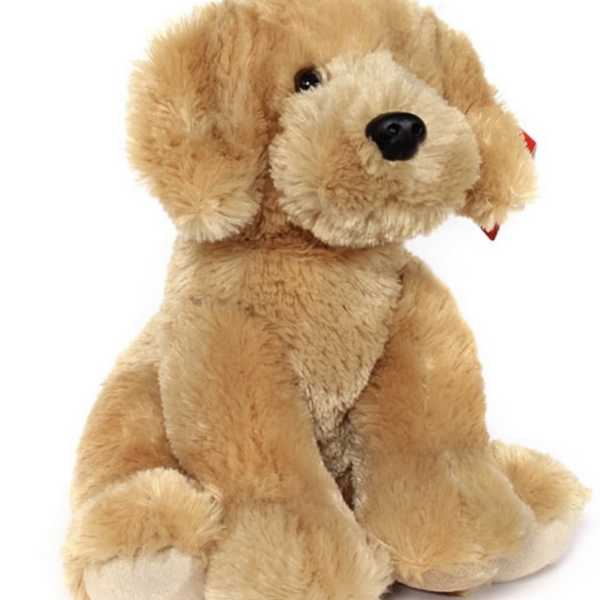 Plush tan dog stuffed animal sitting on a white background