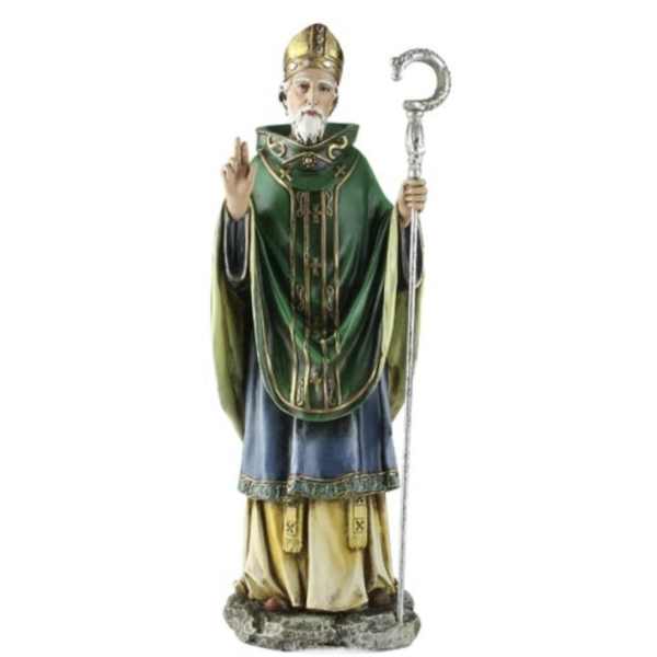 Decorative statue of a bishop holding a staff