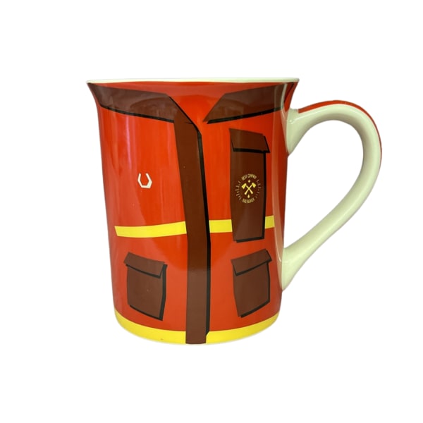 Red ceramic mug shaped like a firefighter jacket