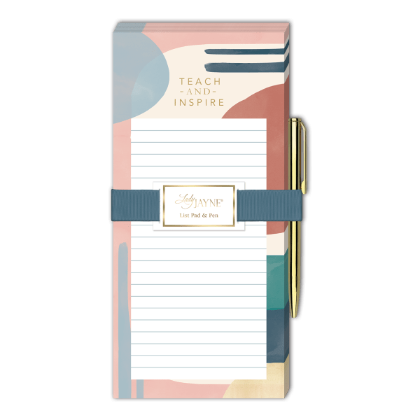 Decorative notepad with a gold pen and blue band