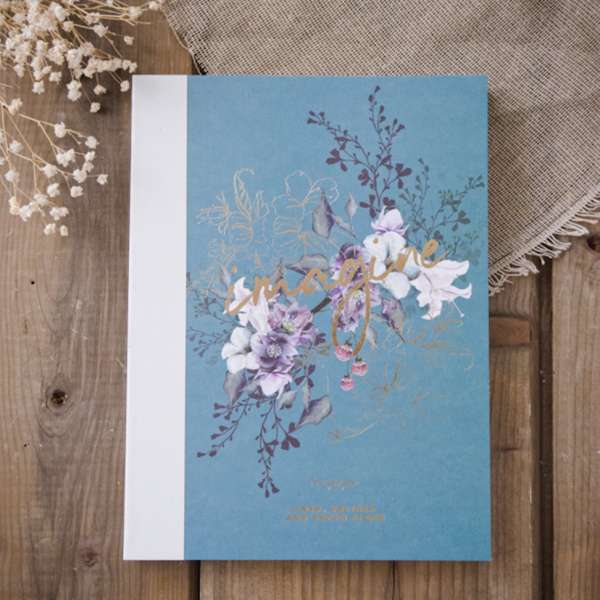 Blue floral greeting card with purple and white flowers