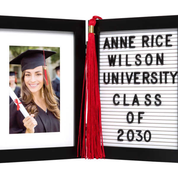 Graduation photo frame with a tassel and class sign