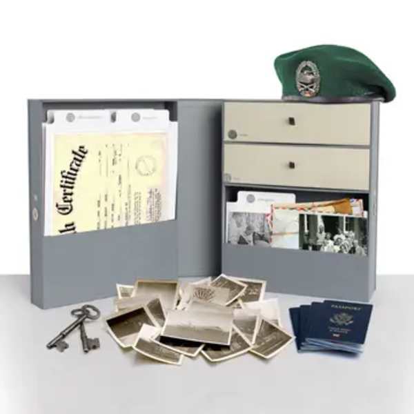 Gray keepsake box with documents, photos, keys, and a green cap