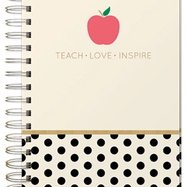 Spiral-bound notebook with an apple graphic and polka dot cover
