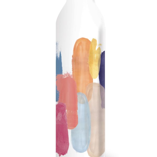 White reusable bottle with colorful abstract brushstroke design