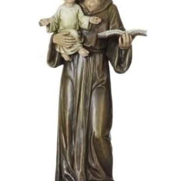 Statue of a robed saint holding a child and a book