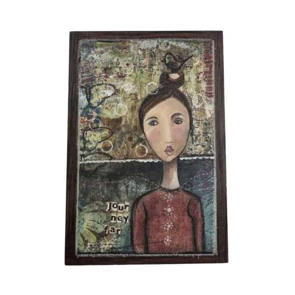 Framed mixed-media portrait of a woman with abstract background