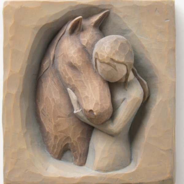 Wooden carving of a horse and rider in a recessed frame