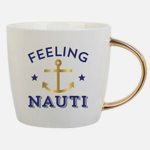 White mug with gold handle and navy anchor text
