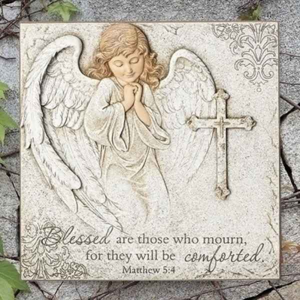 Decorative plaque with an angel and cross, plus a mourning verse