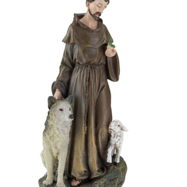 Religious figurine of a robed man with a wolf and lamb