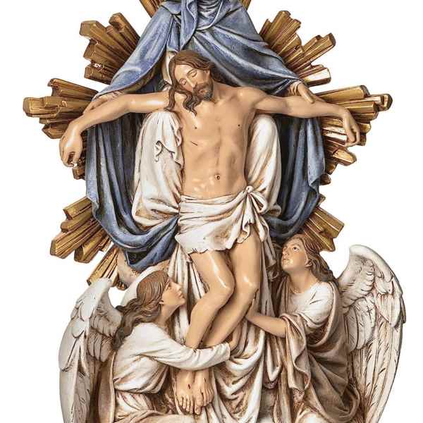 Religious statue of the Pieta with angels and a gold halo