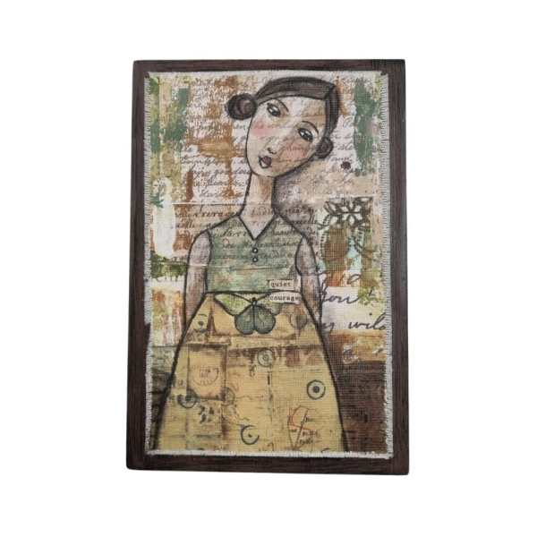 Framed mixed-media portrait of a woman in muted tones