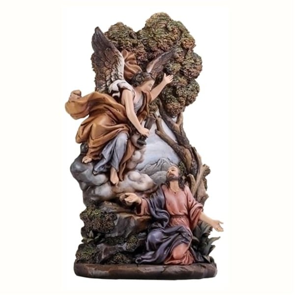 Religious figurine of two angels and a robed man on a rocky base